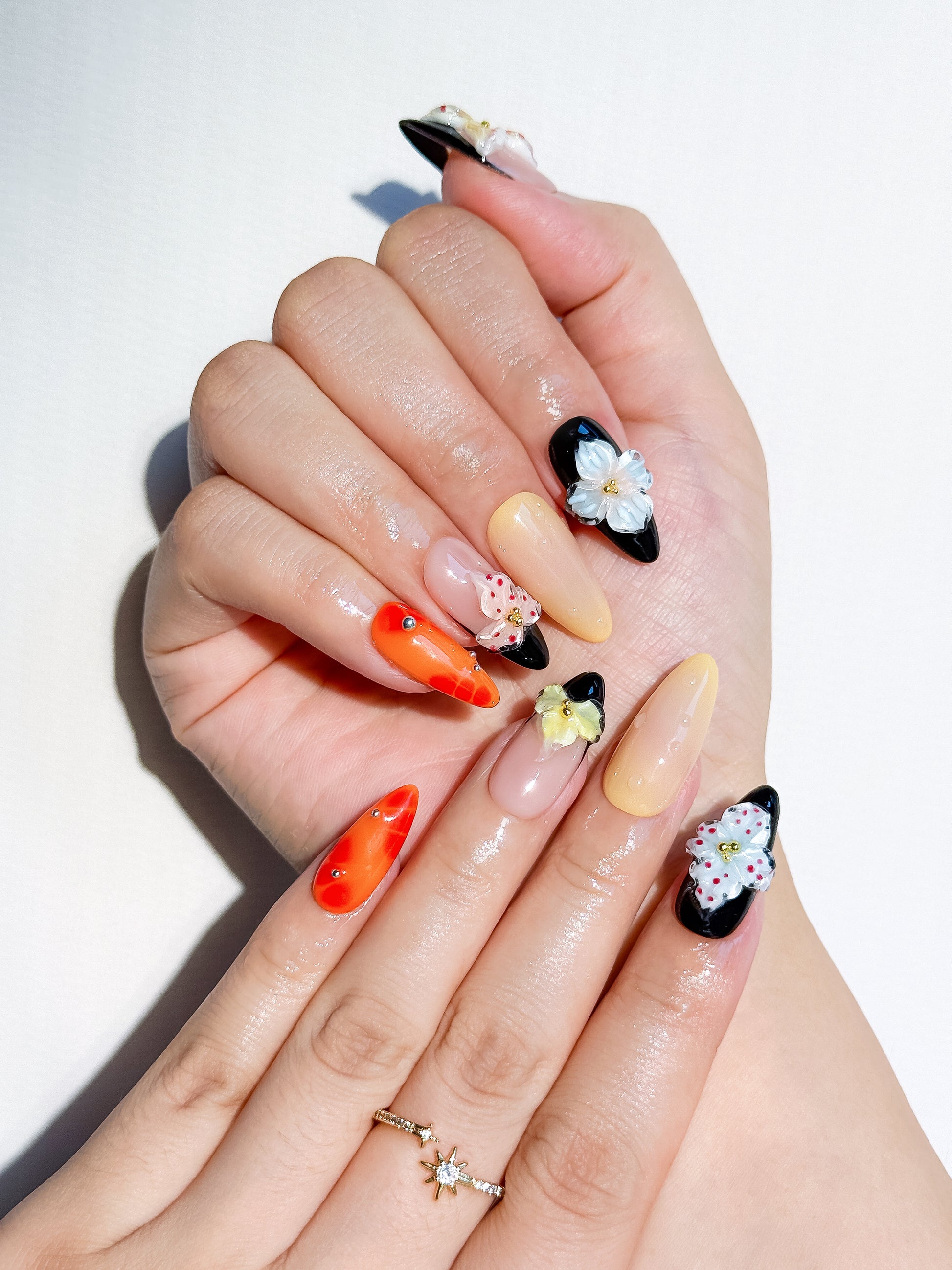 Sunset Bloom – Tropical 3D Floral Press-On Nails