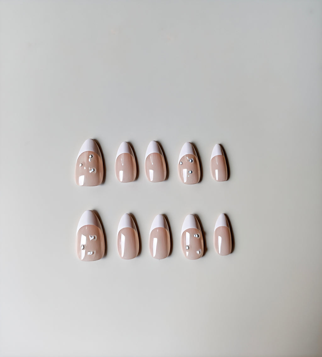 Timeless Nude French Press-On Nails – Almond Shape with Rhinestone Accents