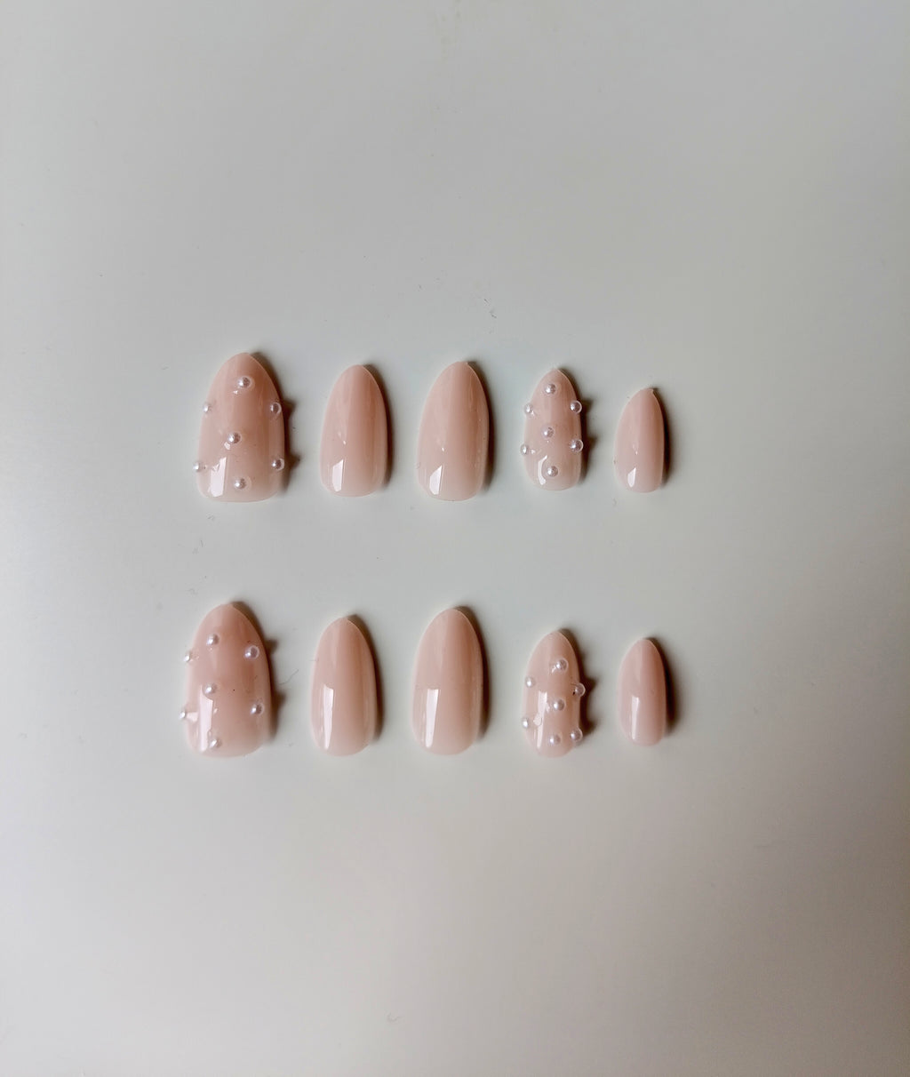 Elegant Nude Pearl Press-On Nails – Long Almond | Justmee Reusable 30-Piece Set