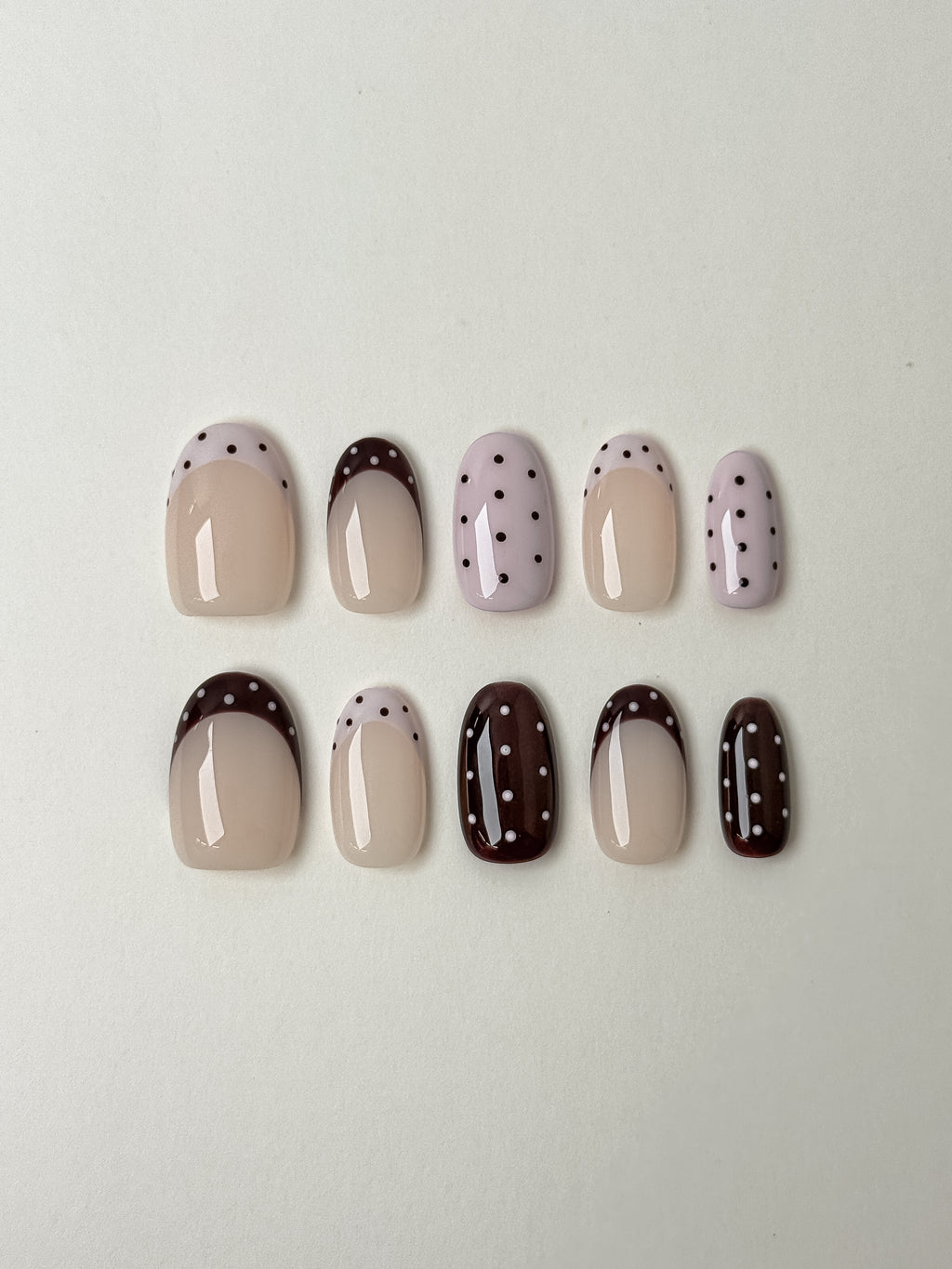 Mocha Dot Dreams – Press-On Nails in Nude & Cocoa Mix