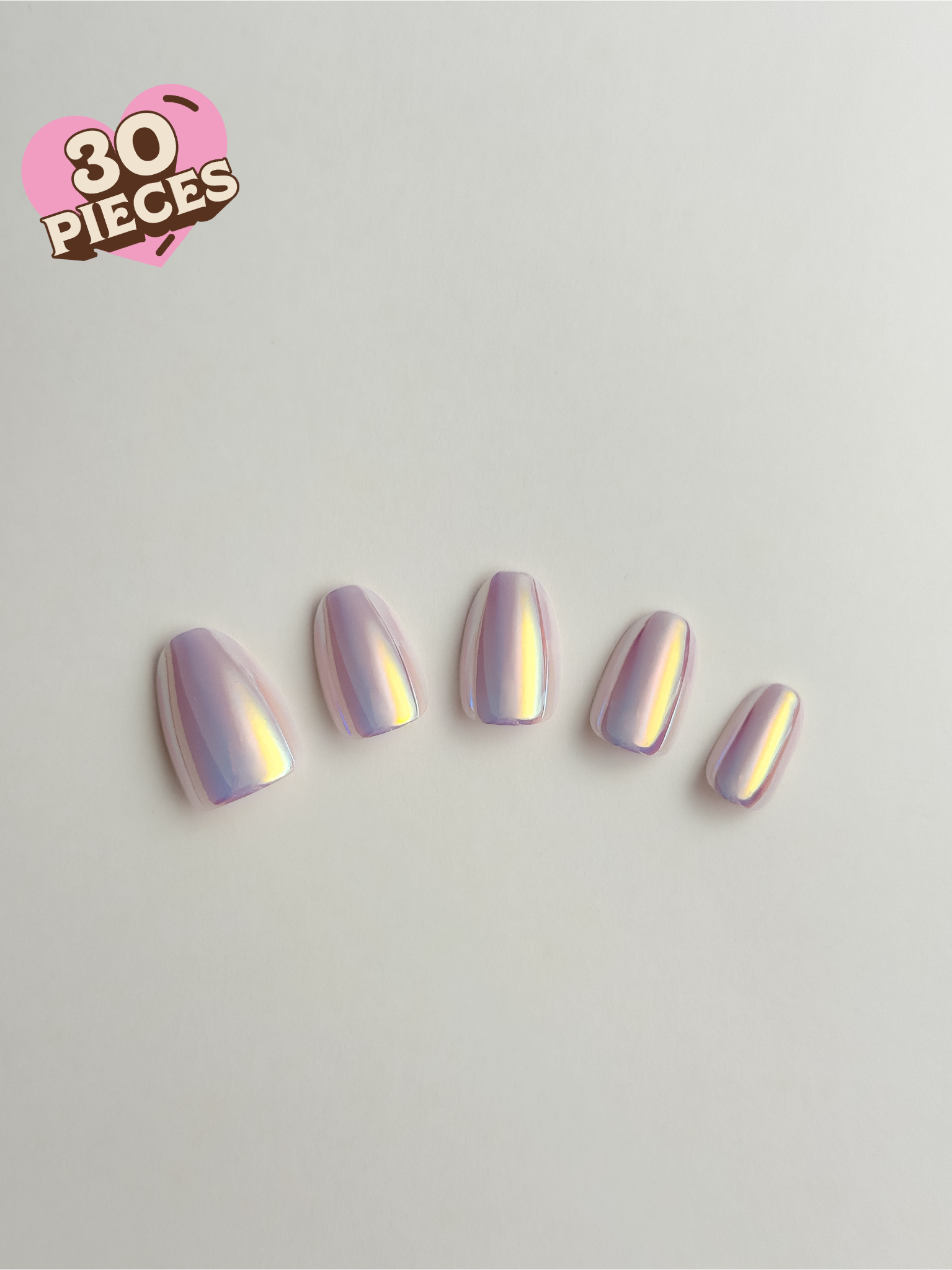 five iridescent press-on nails on a light gray background with '30 Pieces' text.