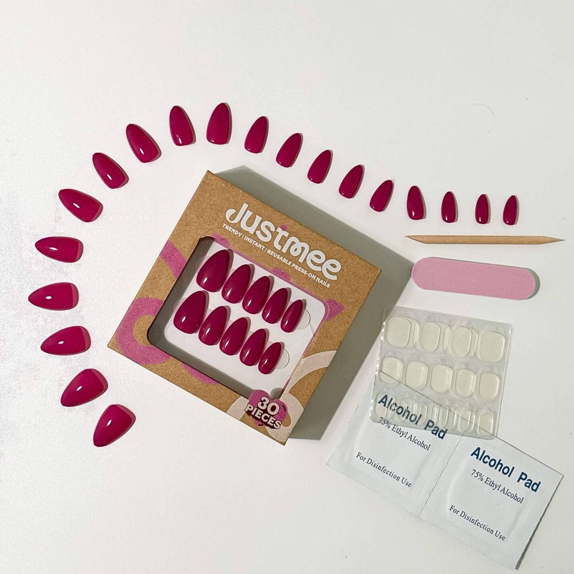 Complete 30-piece magenta nail kit with adhesive tabs and manicure tools from Justmee
