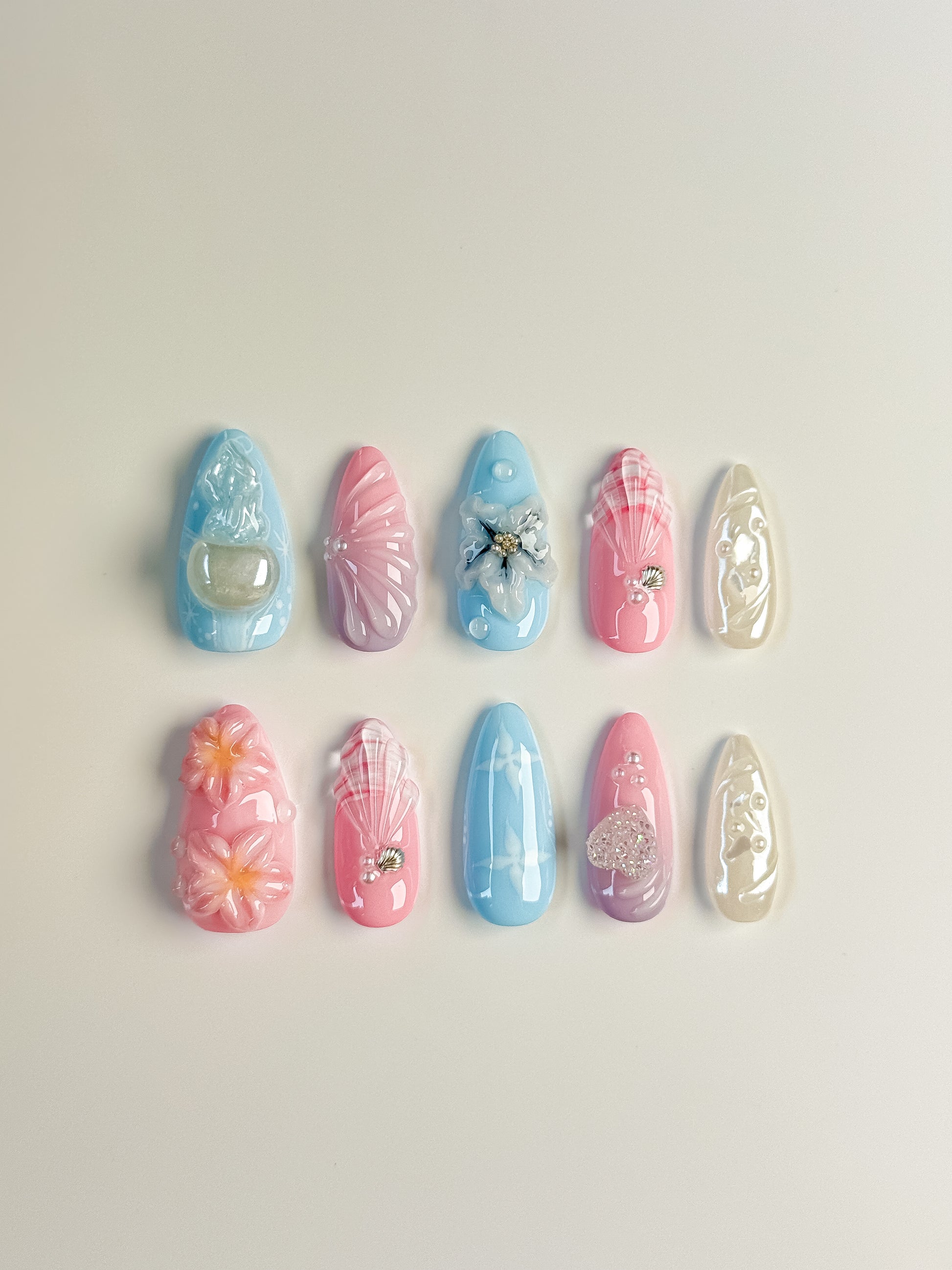 Pastell 3D Press-On Nägel – Tropischer Sommer-Look