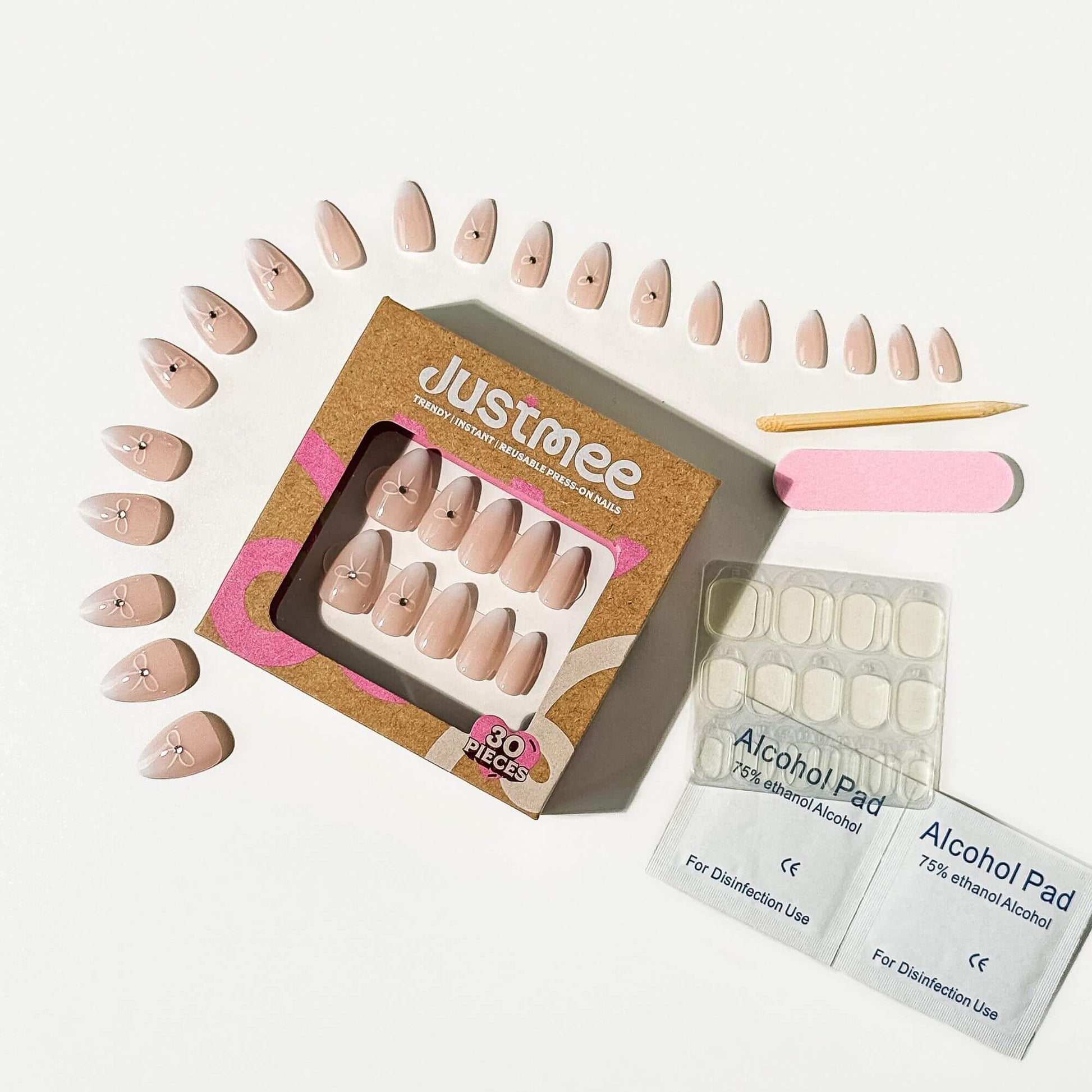 Justmee 30er Set Press-on Nails: French Ombre Design mit 3D-Schleifen-Akzenten und Kristallen, Mandelform Kunstnägel.