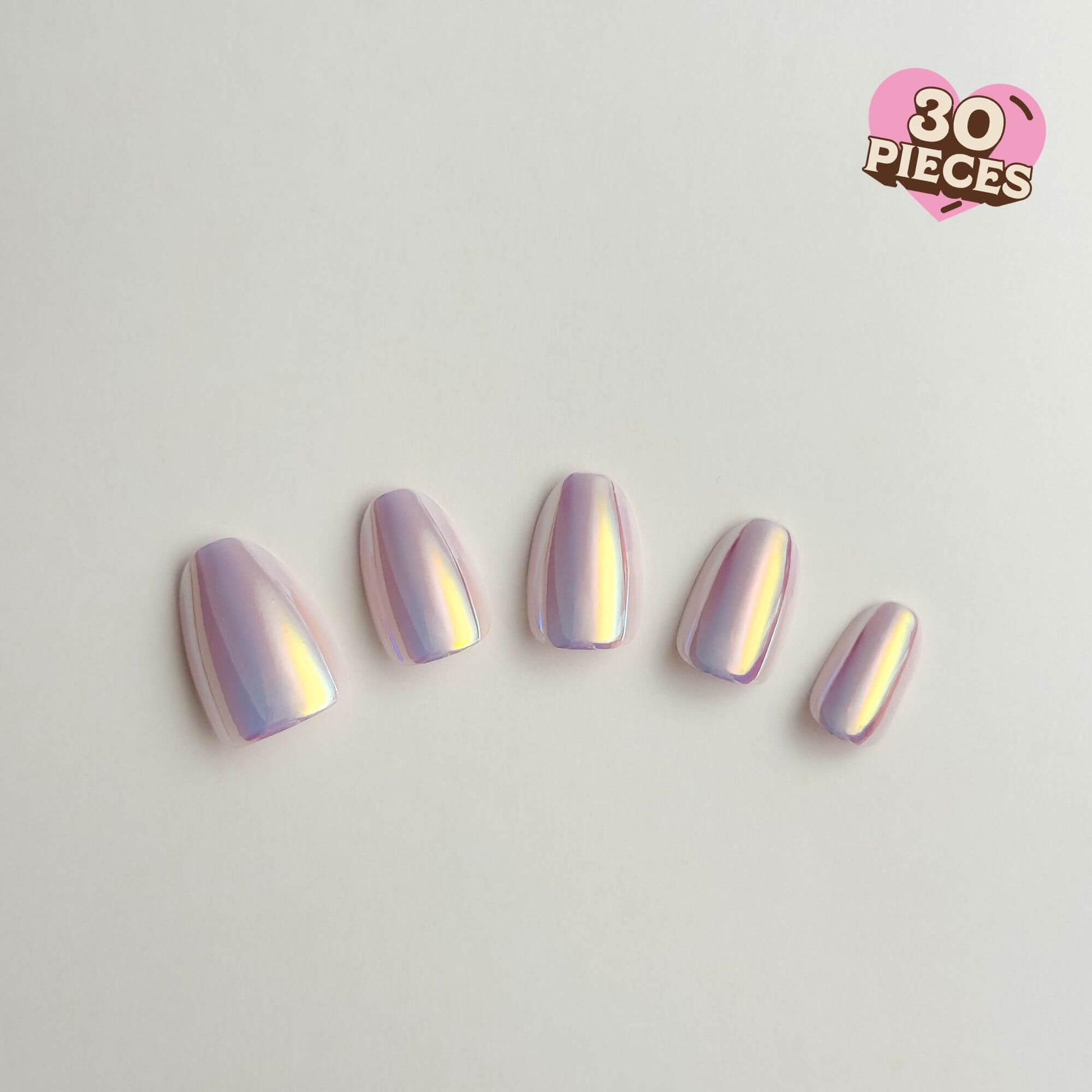Five short round press-on nails with a pearlescent chrome shimmer and holographic purple and gold reflections on a plain white background.