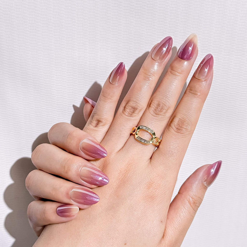 Natural manicure look with Justmee Rosé Veil sheer mauve stick-on nails, short length for a clean and minimalist style.