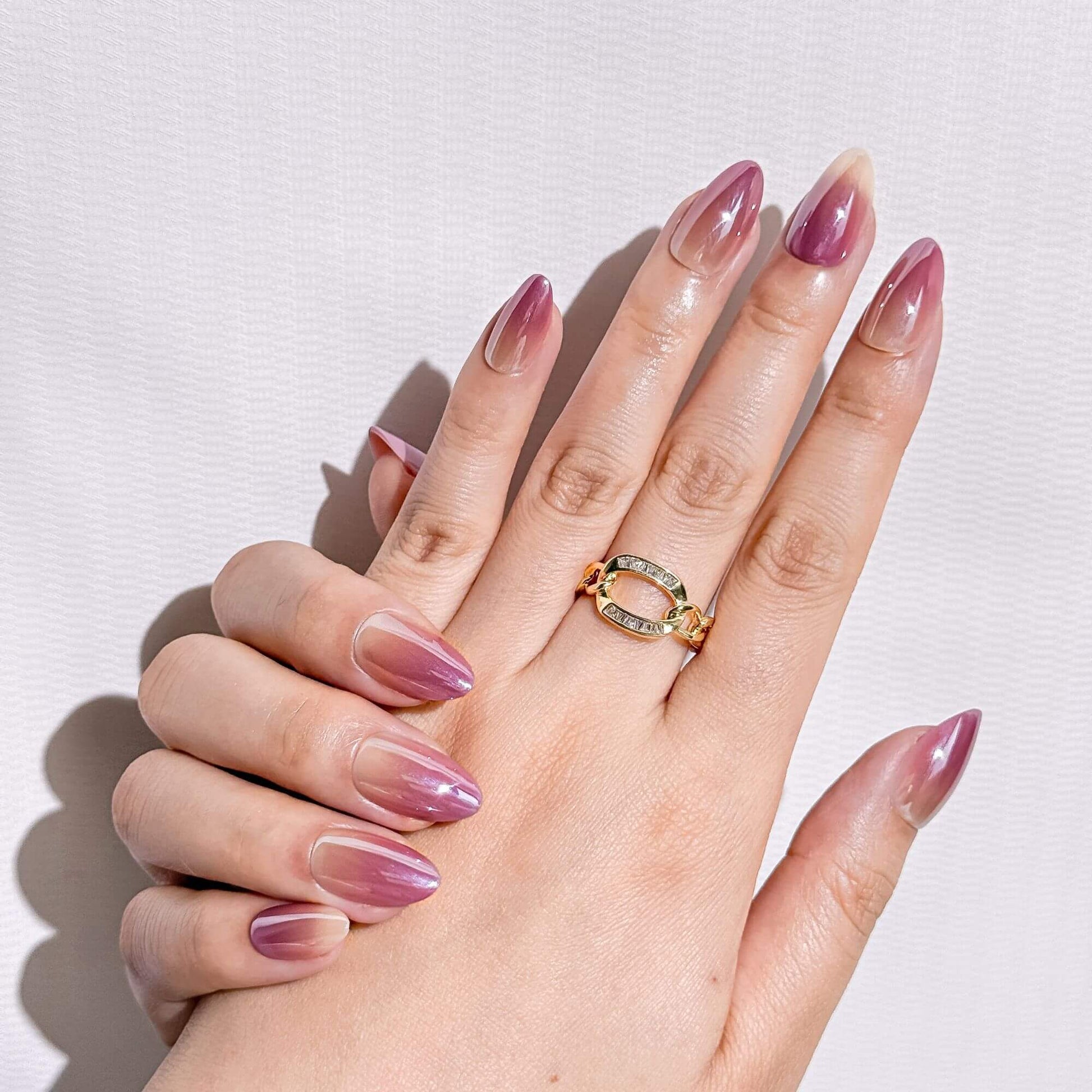 Natural manicure look with Justmee Rosé Veil sheer mauve stick-on nails, short length for a clean and minimalist style.