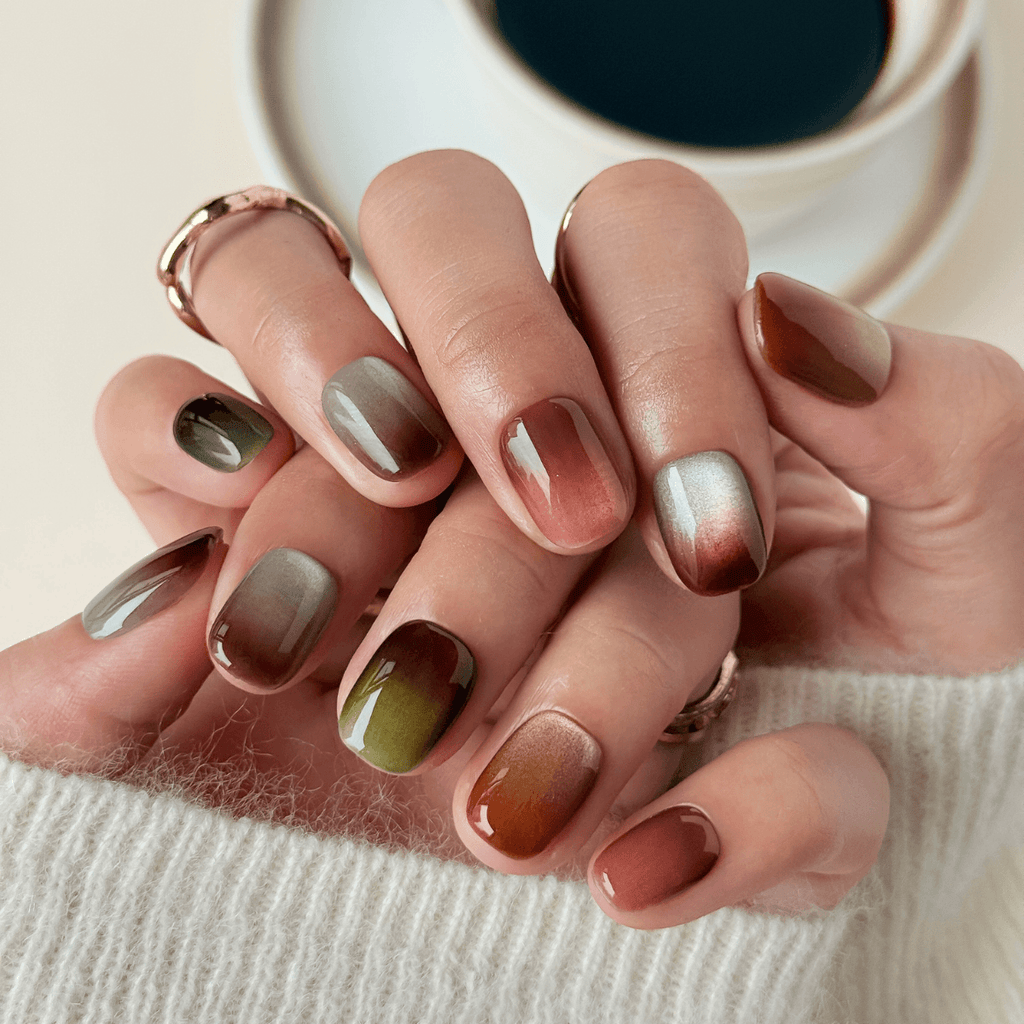 Close-up of hands with manicured nails featuring a glossy ombre nail art design in earthy tones, including brown, bronze, olive green, pink, and silver-gray gradients. The hands are resting on a white knit sweater with a blurred coffee cup in the background.