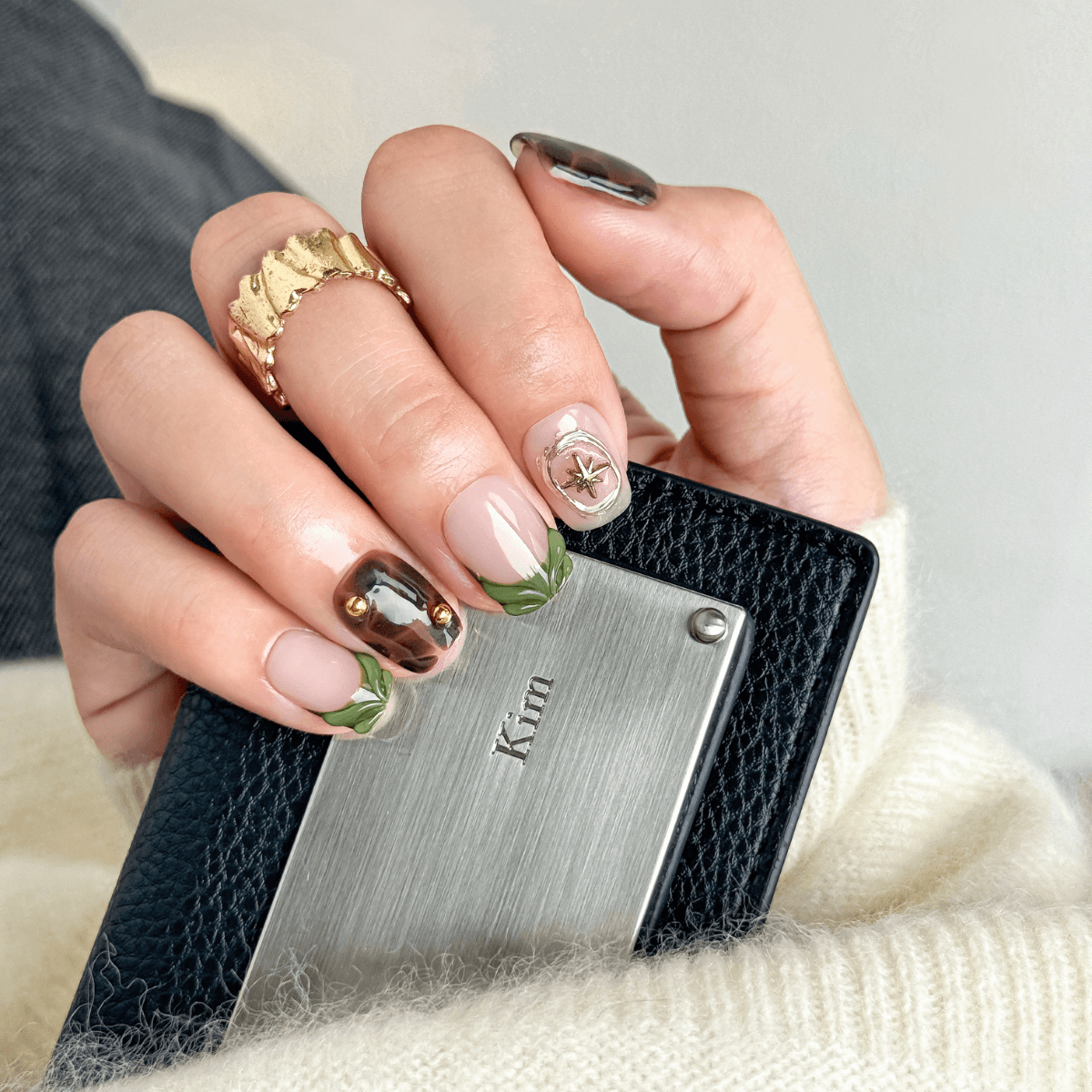 Amber Arch | Dark Tortoise & 3D Olive Ribbon Press-On Nails