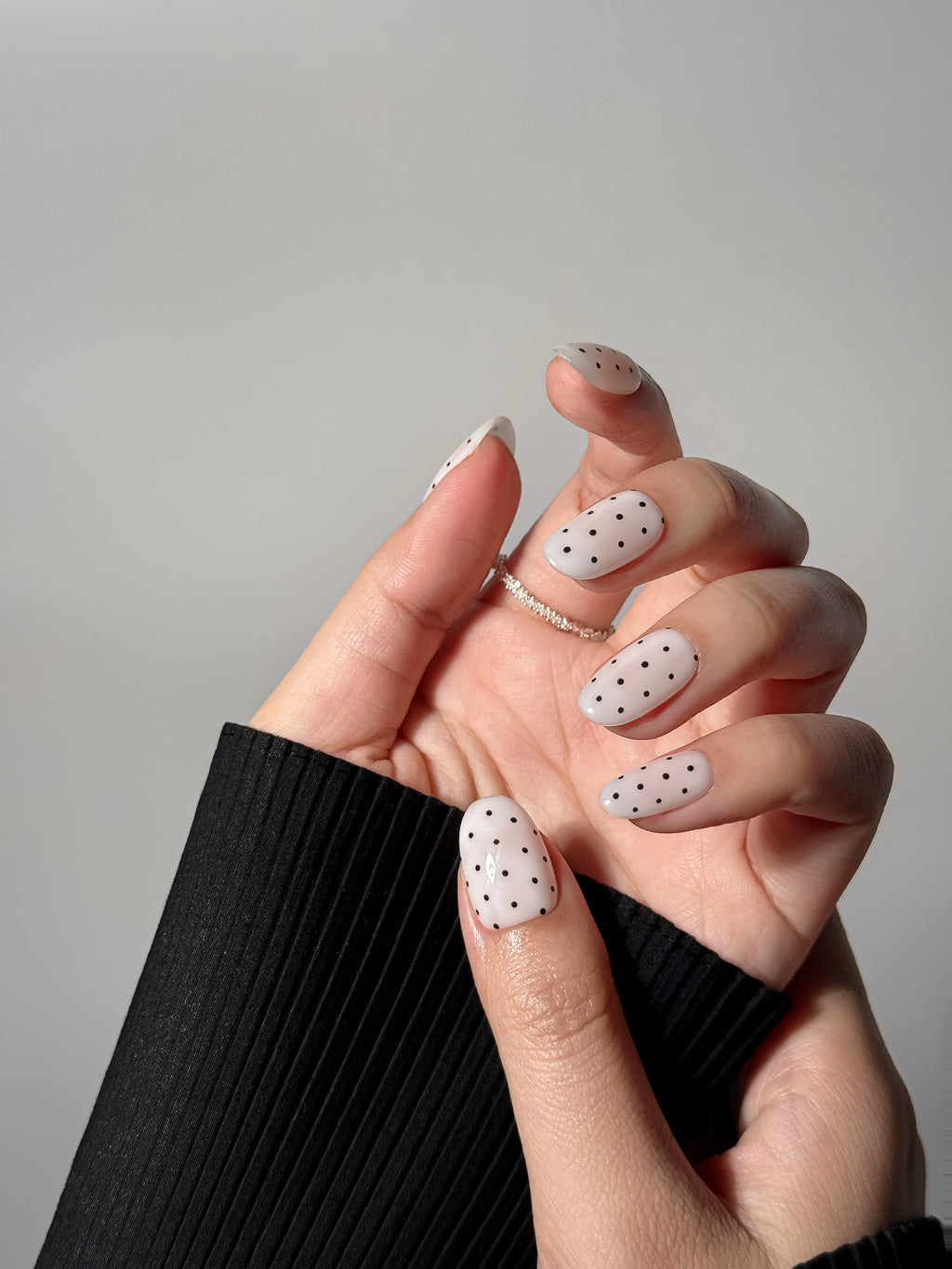 almond shape press on nails. white retro polka dots. reusalbe and durable.